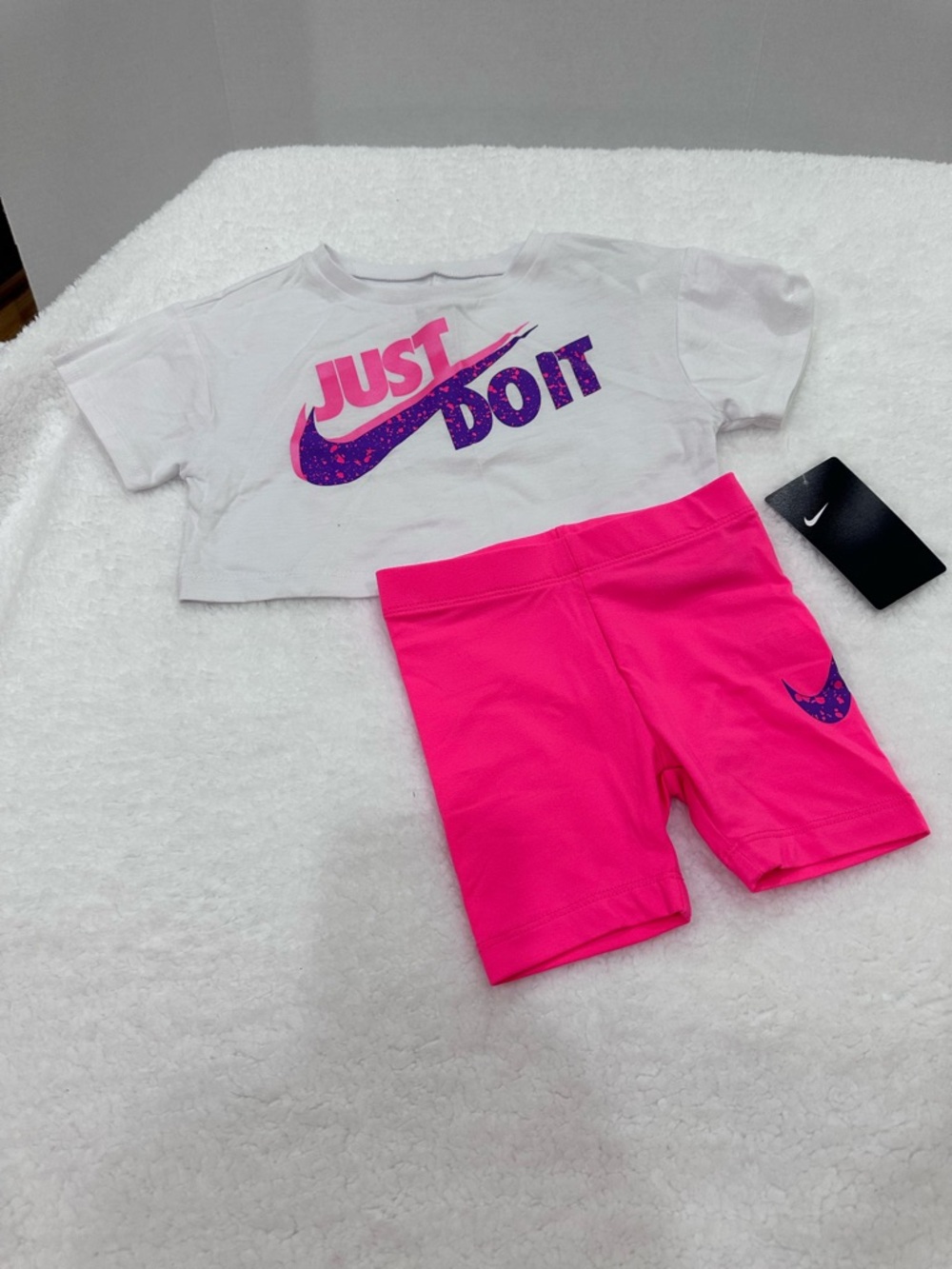 Nike White Crop Tee with Neon Pink Bike Shorts Set